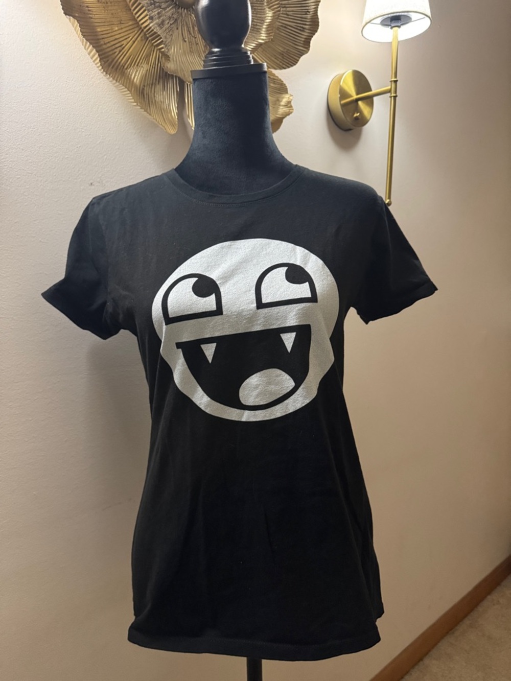 Black Graphic Tee with White Smiley Fang Face